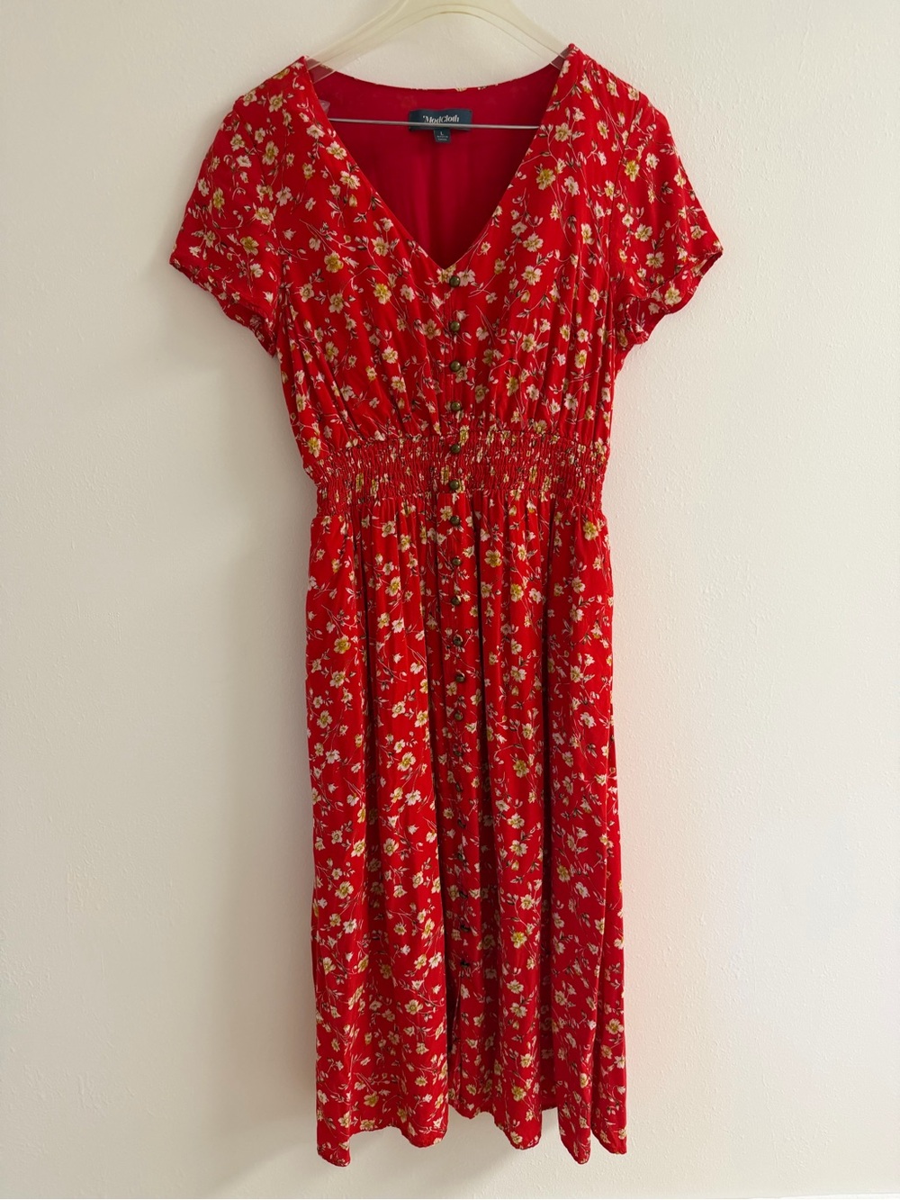 Modcloth Red Floral Midi Dress with Smocked Waist - Picture 1 of 3